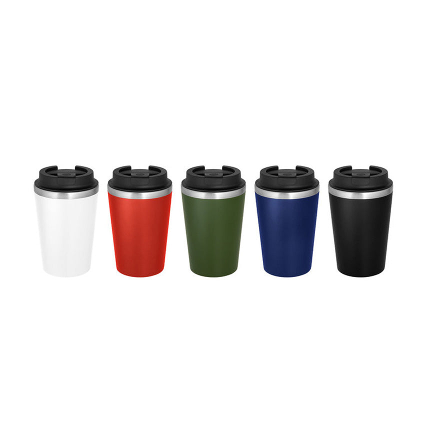 Mug 350ml con interior de acero inoxidable y exterior PP mate. Tapa antiderrame y base antideslizante. Logo impreso. Mínimo 100 unidades.