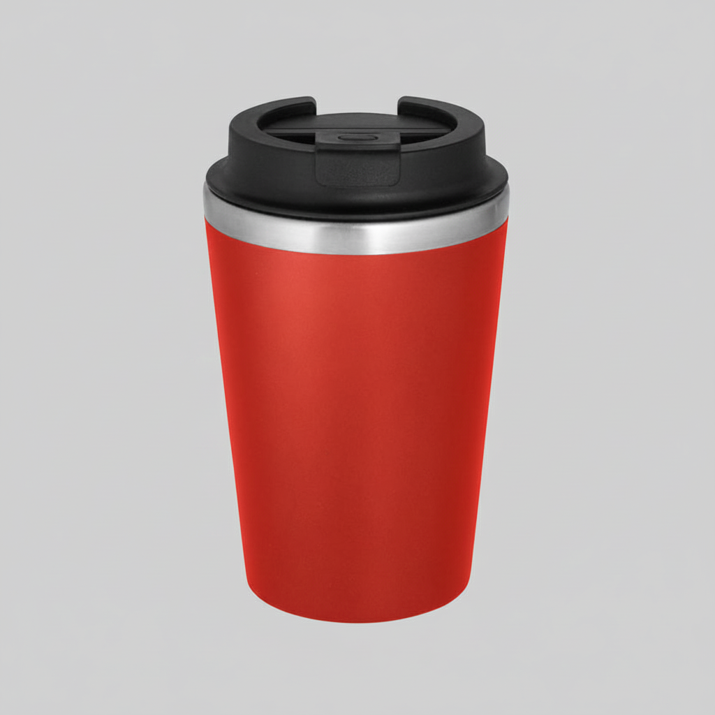Mug 350ml con interior de acero inoxidable y exterior PP mate. Tapa antiderrame y base antideslizante. Logo impreso. Mínimo 100 unidades.