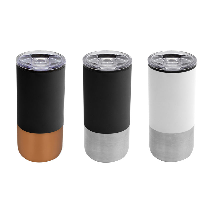 Mug 500ml con interior plástico y exterior de acero inoxidable. Tapa transparente a presión y base antideslizante. Logo impreso o grabado. Mínimo 100 unidades.