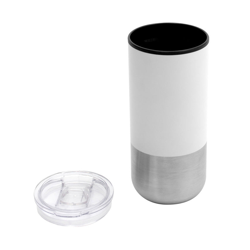 Mug 500ml con interior plástico y exterior de acero inoxidable. Tapa transparente a presión y base antideslizante. Logo impreso o grabado. Mínimo 100 unidades.