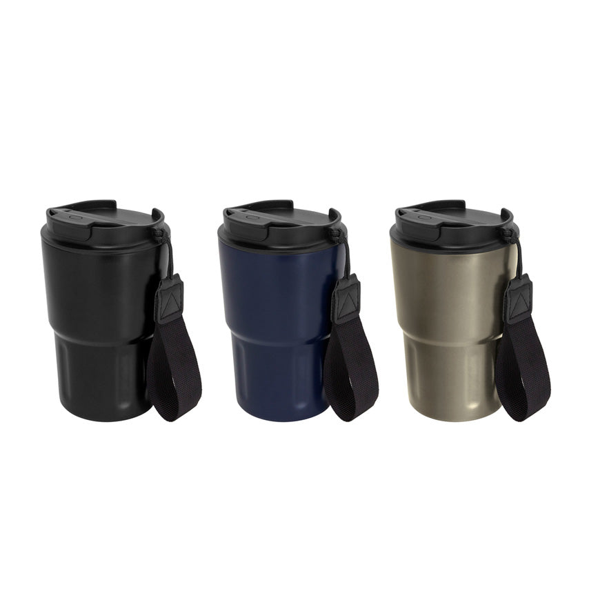 Mug térmico 400ml de acero inoxidable con tapa y correa. Mantiene 12hrs caliente, 24hrs frío. Logo grabado. Mínimo 100 unidades.