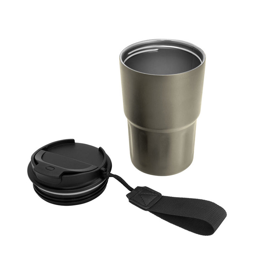 Mug térmico 400ml de acero inoxidable con tapa y correa. Mantiene 12hrs caliente, 24hrs frío. Logo grabado. Mínimo 100 unidades.