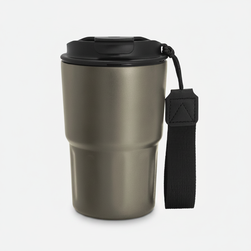 Mug térmico 400ml de acero inoxidable con tapa y correa. Mantiene 12hrs caliente, 24hrs frío. Logo grabado. Mínimo 100 unidades.