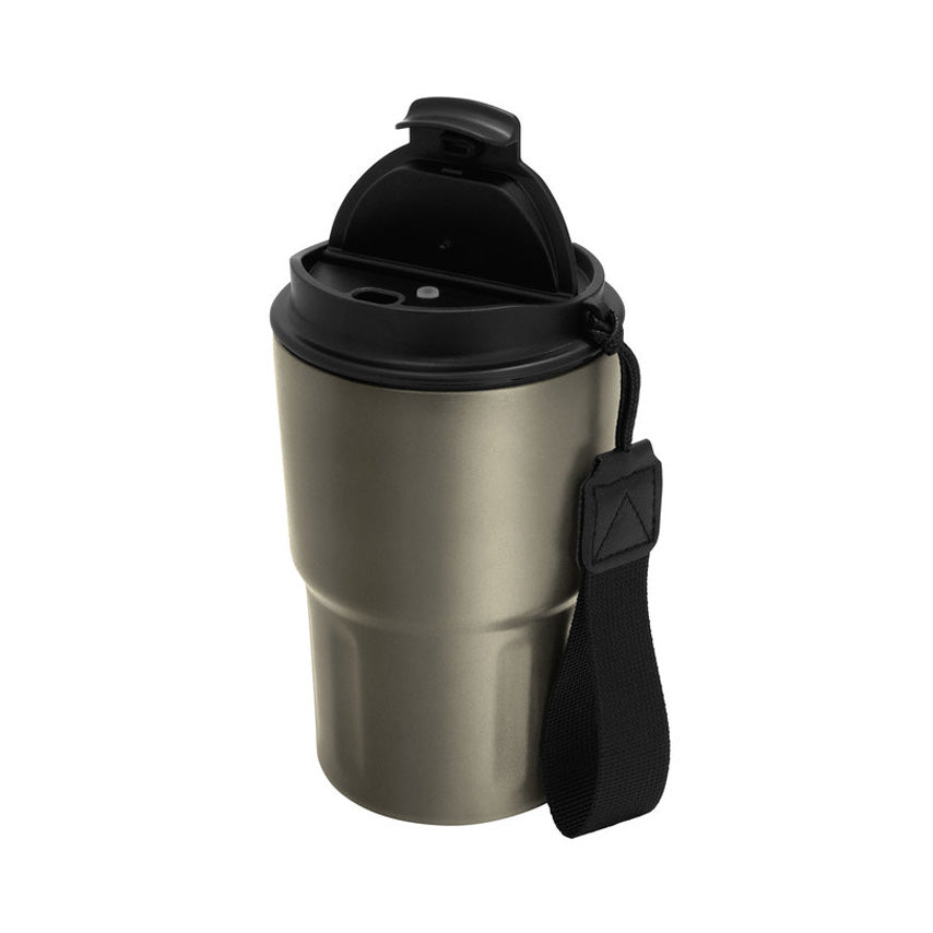 Mug térmico 400ml de acero inoxidable con tapa y correa. Mantiene 12hrs caliente, 24hrs frío. Logo grabado. Mínimo 100 unidades.