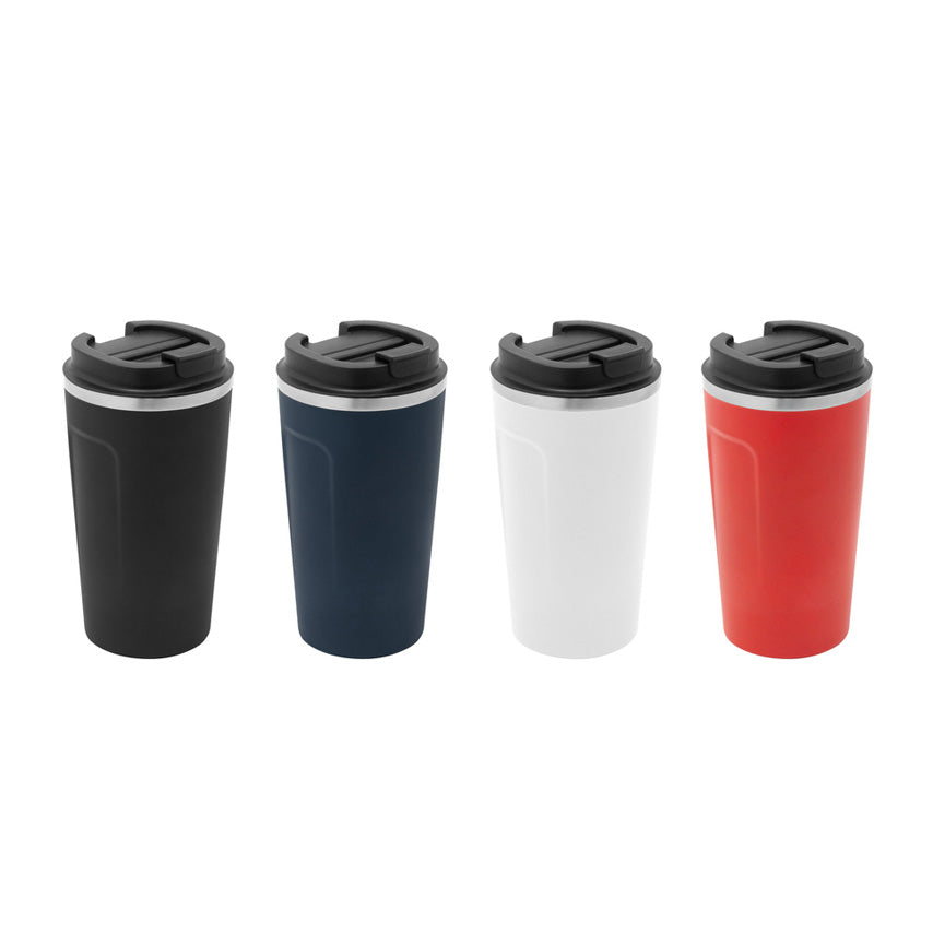 Mug térmico Astoria 500ml de acero inoxidable con tapa a rosca antiderrame. Mantiene 12hrs caliente, 24hrs frío. Logo grabado. Mínimo 100 unidades.