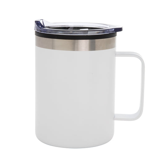 Descubre el Mug de doble pared de 450 ml, diseñado con exterior de acero y un elegante acabado semimate. Incluye tapa plástica transparente a presión con anillo de silicona para evitar derrames y una base negra antideslizante para mayor seguridad. Combinación perfecta de estilo y funcionalidad para mantener tus bebidas favoritas siempre a punto. 