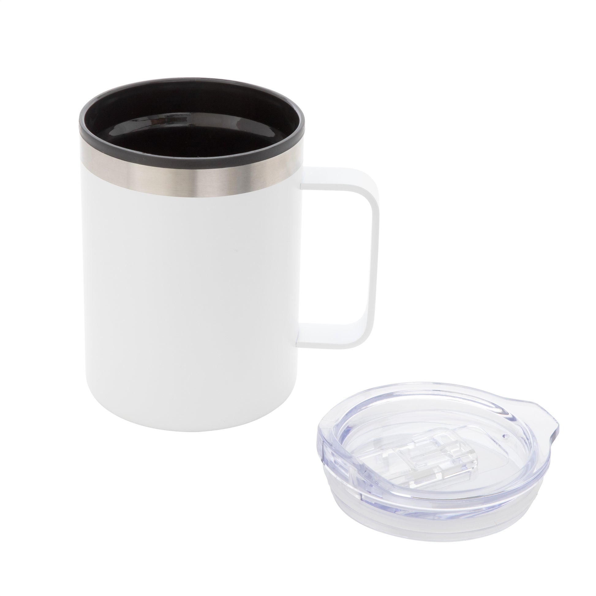 Descubre el Mug de doble pared de 450 ml, diseñado con exterior de acero y un elegante acabado semimate. Incluye tapa plástica transparente a presión con anillo de silicona para evitar derrames y una base negra antideslizante para mayor seguridad. Combinación perfecta de estilo y funcionalidad para mantener tus bebidas favoritas siempre a punto. 