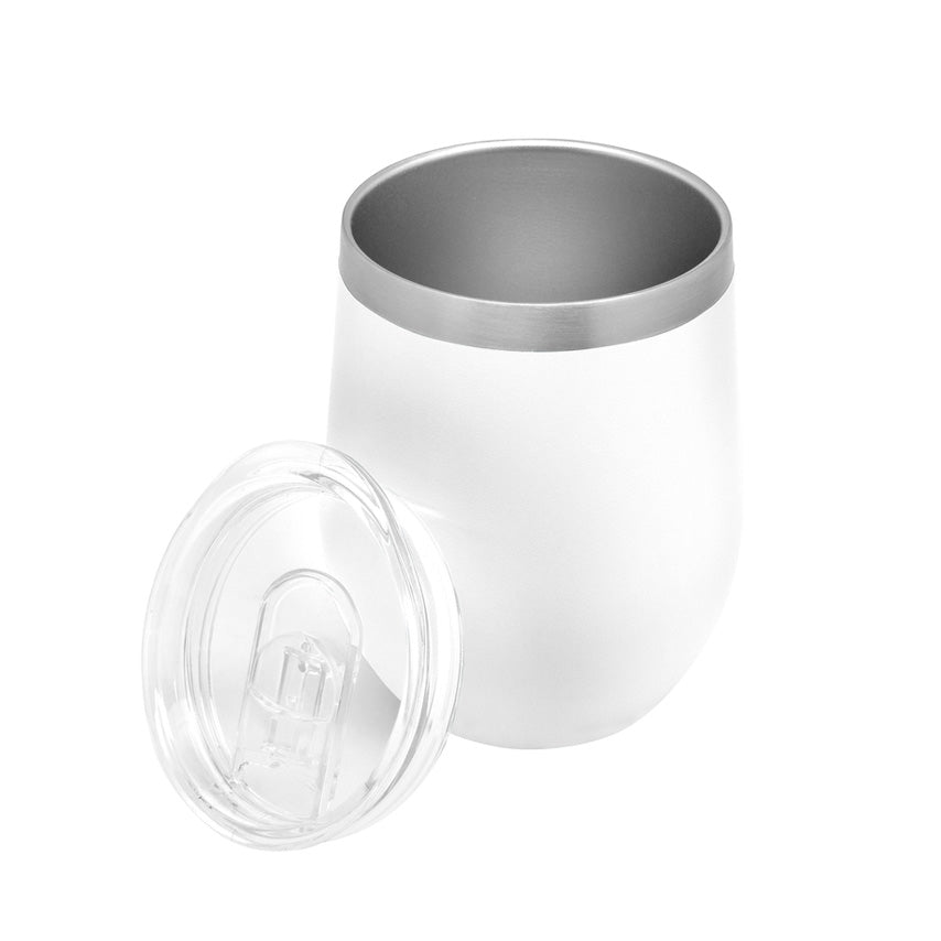 Mug térmico 350ml de acero inoxidable con tapa plástica transparente. Mantiene 12hrs caliente y 24hrs frío. Personalizable con logo impreso o grabado. 