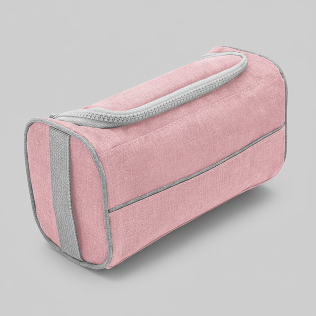Neceser organizador personalizado con logo impreso, con tapa acolchada, bolsillos internos de red y asa lateral para transportar. Ideal para regalos corporativos y merchandising promocional.