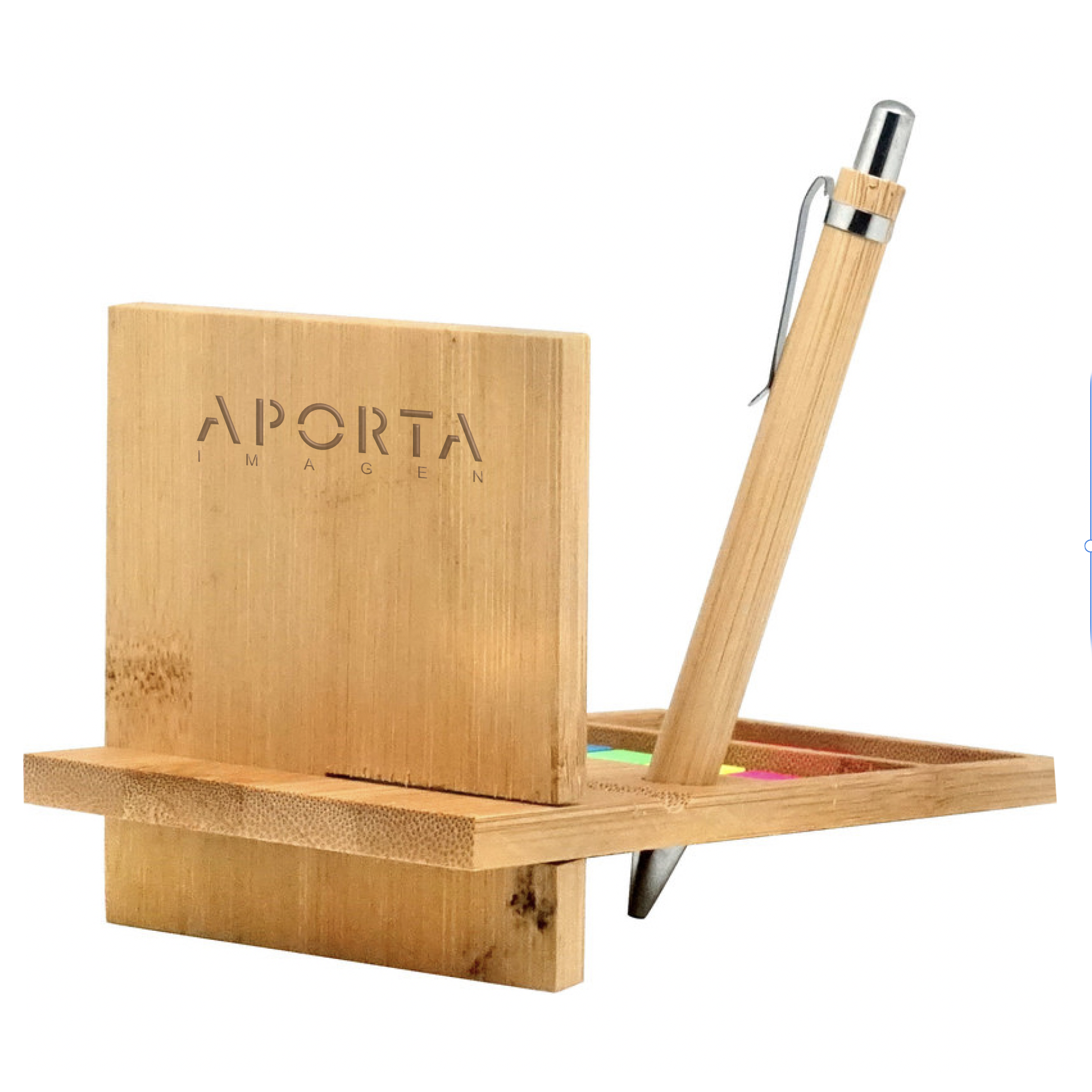 Organizador de escritorio de bambú con compartimentos, bolígrafo, 5 señaladores adhesivos, clips y porta celular. Logo impreso o grabado. Mínimo 100 unidades.