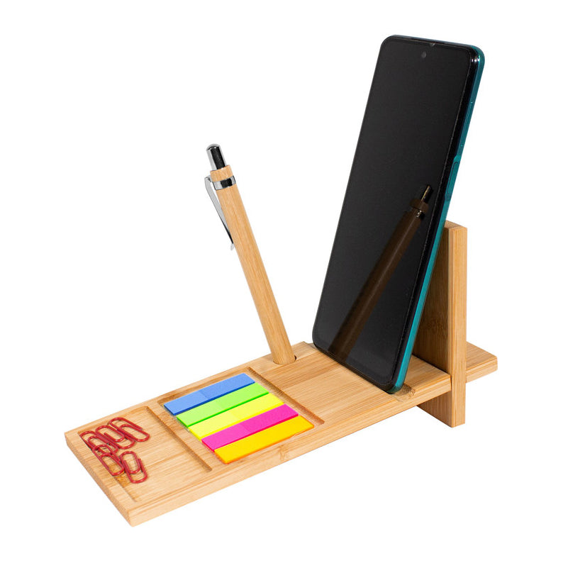 Organizador de escritorio de bambú con compartimentos, bolígrafo, 5 señaladores adhesivos, clips y porta celular. Logo impreso o grabado. Mínimo 100 unidades.