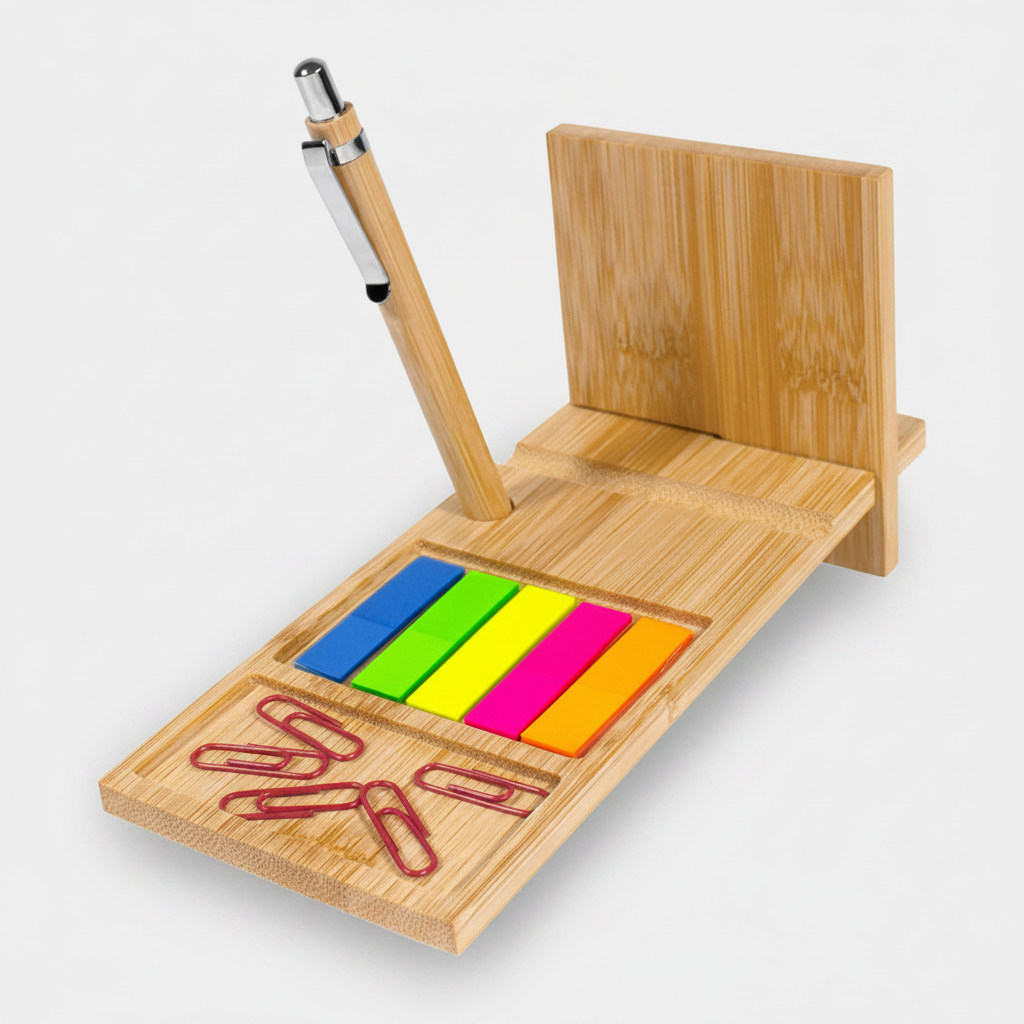 Organizador de escritorio de bambú con compartimentos, bolígrafo, 5 señaladores adhesivos, clips y porta celular. Logo impreso o grabado. Mínimo 100 unidades.