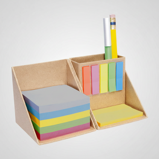 Organizador de escritorio de cartón personalizado con logo. Incluye porta lapicero, notas adhesivas y señaladores de colores. ¡Ideal para merchandising!
