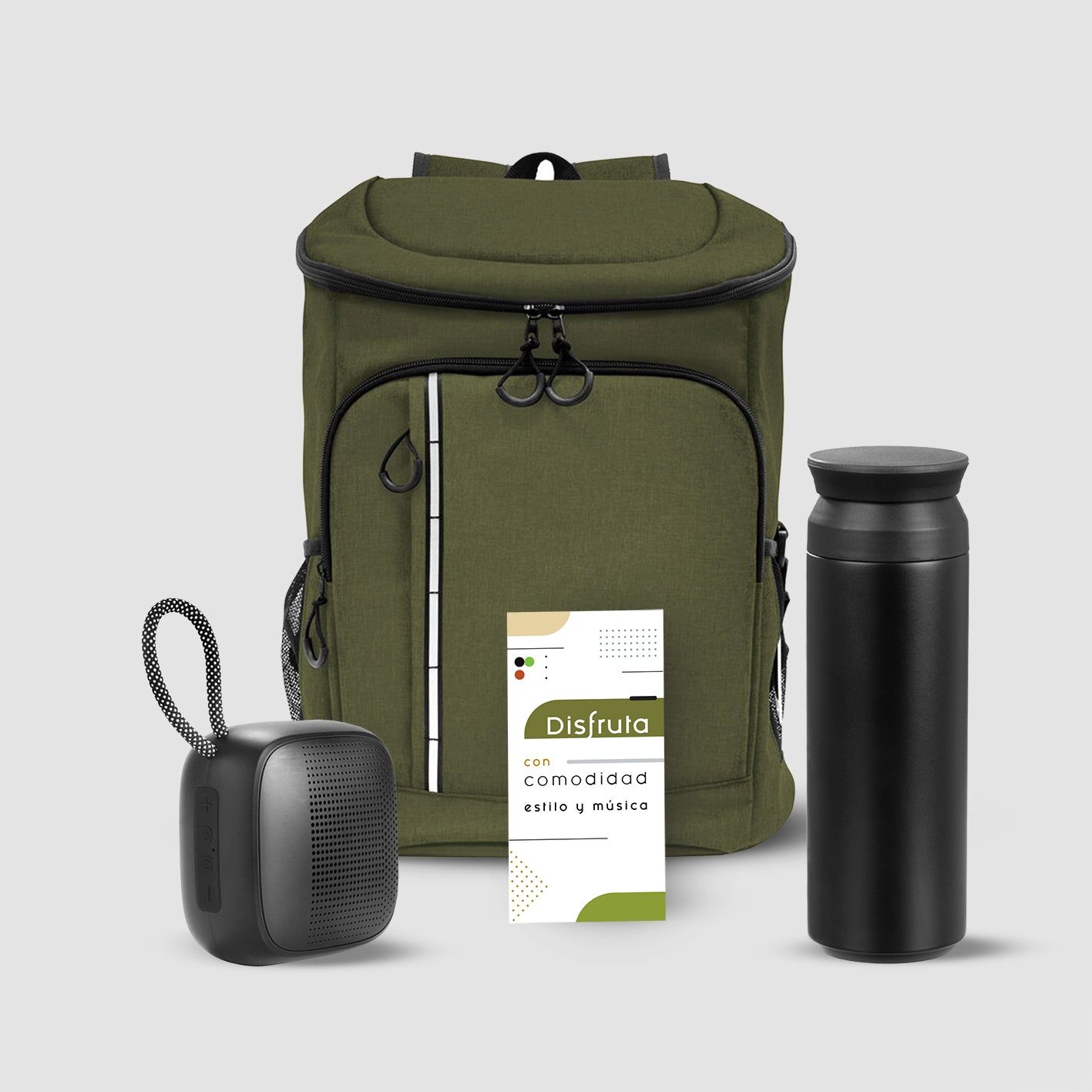 Equipa a tu equipo con el Pack Pausa: mochila térmica 18L, botella con termómetro y parlante Bluetooth. Regalo corporativo premium para el Día del Trabajador con logo. ¡Cotiza ahora!