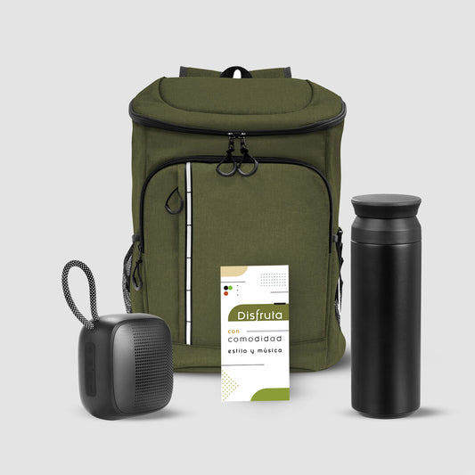 Equipa a tu equipo con el Pack Pausa: mochila térmica 18L, botella con termómetro y parlante Bluetooth. Regalo corporativo premium con logo. ¡Cotiza ahora!
