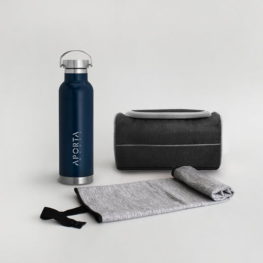 Inspira bienestar en tu equipo. Botella térmica de acero (24h frío/12h calor), neceser bicolor y toalla de microfibra. El regalo corporativo ideal para el Día del Trabajador. ¡Cotiza!