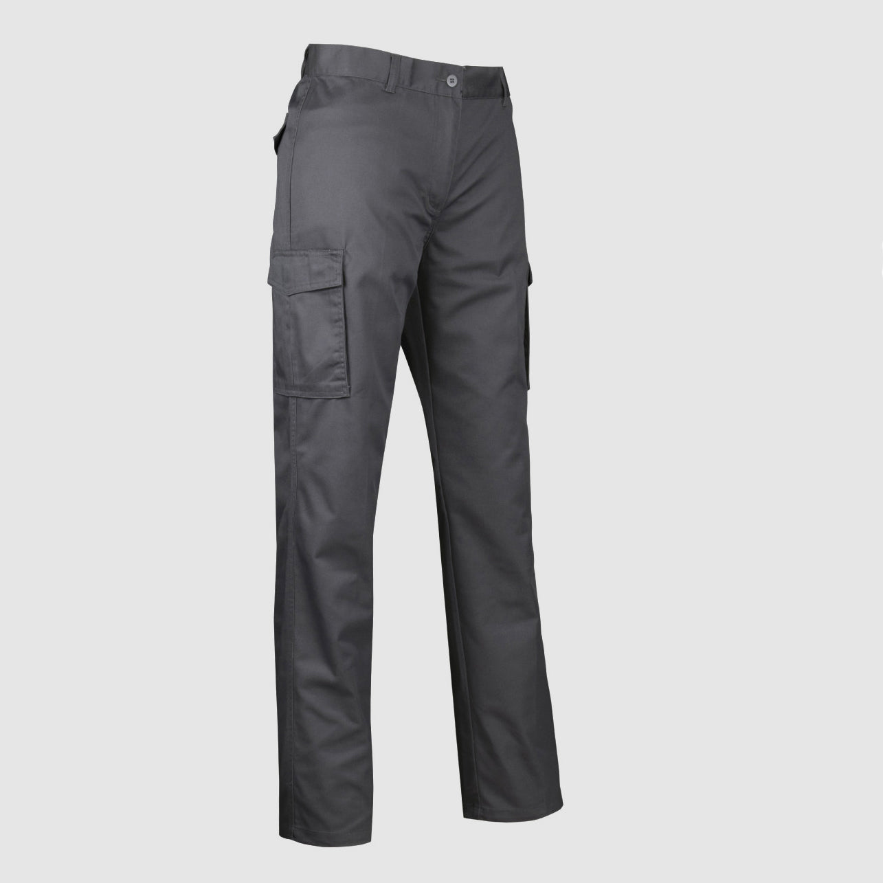 Pantalón cargo de trabajo color gris, vista frontal, con múltiples bolsillos funcionales