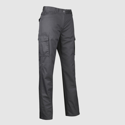 Pantalón cargo de trabajo color gris, vista frontal, con múltiples bolsillos funcionales