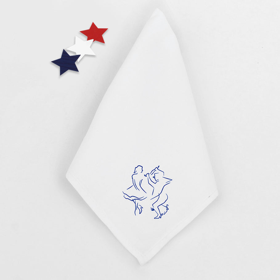 Pañuelo blanco de 40 x 40 cm personalizado con logo corporativo y diseño alusivo a la cueca. Un regalo corporativo con identidad y tradición chilena.