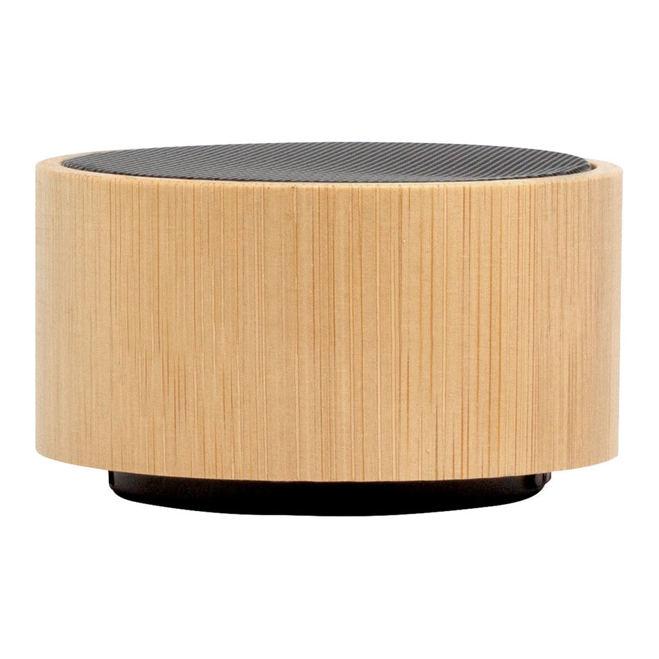 Parlante Bluetooth ecológico fabricado en bambú natural con micrófono incorporado, función manos libres y carga USB-C. Personalizado con logo corporativo.
