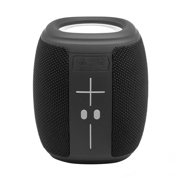 Parlante Bluetooth corporativo con diseño resistente al agua, iluminación LED cálida y fría, correa de transporte y carga USB-C. Ideal para merchandising y regalos corporativos.