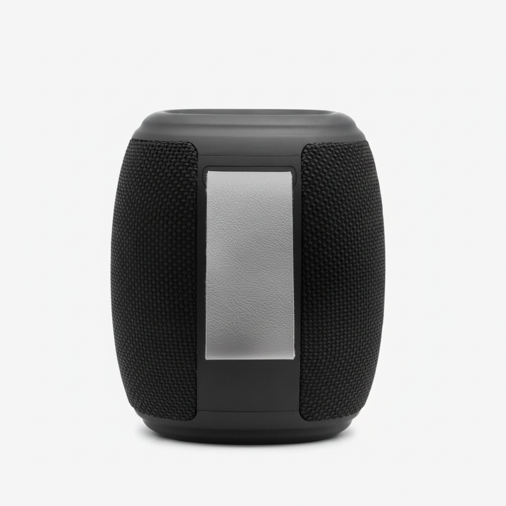 Parlante Bluetooth corporativo con diseño resistente al agua, iluminación LED cálida y fría, correa de transporte y carga USB-C. Ideal para merchandising y regalos corporativos.