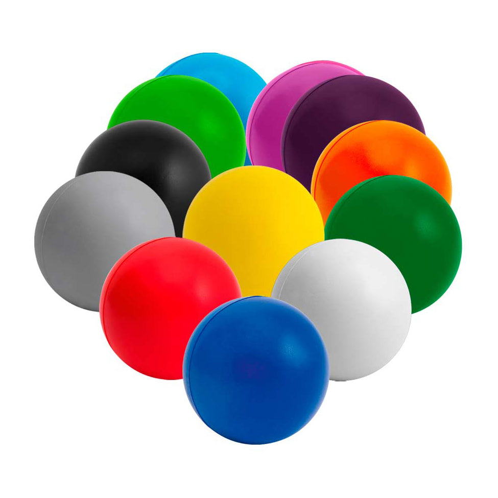 Pelota anti stress personalizada con logo impreso. Disponible en variedad de colores, ideal para campañas promocionales y regalos corporativos.