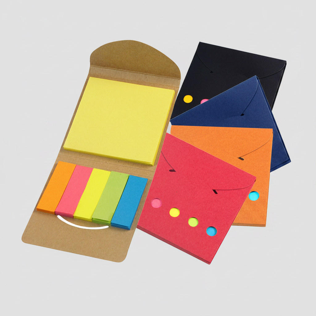 Porta notas adhesivas ecológico de cartón reciclado. Incluye 1 taco de 25 hojas y 5 tacos de banderitas adhesivas. Ideal para merchandising sustentable.