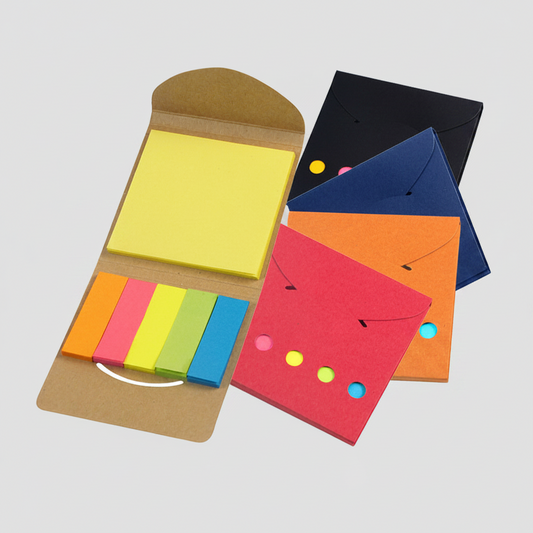 Porta notas adhesivas ecológico de cartón reciclado. Incluye 1 taco de 25 hojas y 5 tacos de banderitas adhesivas. Ideal para merchandising sustentable.