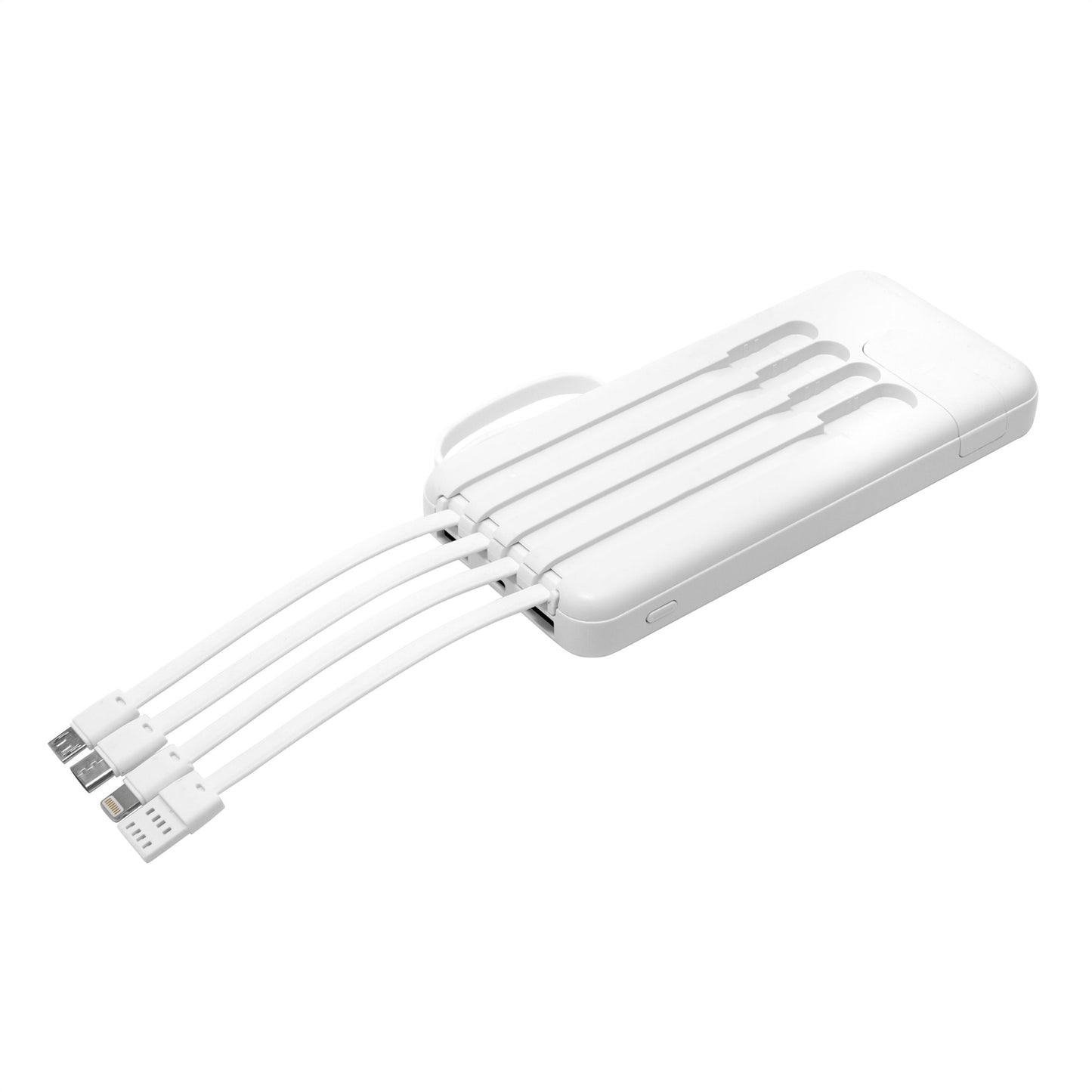 Power bank multipuerto con cables de carga incorporados USB, Micro USB, USB-C y Lightning. Permite cargar hasta 5 dispositivos simultáneamente. Incluye soporte para celular, display digital LED y personalización con logo grabado o impreso.