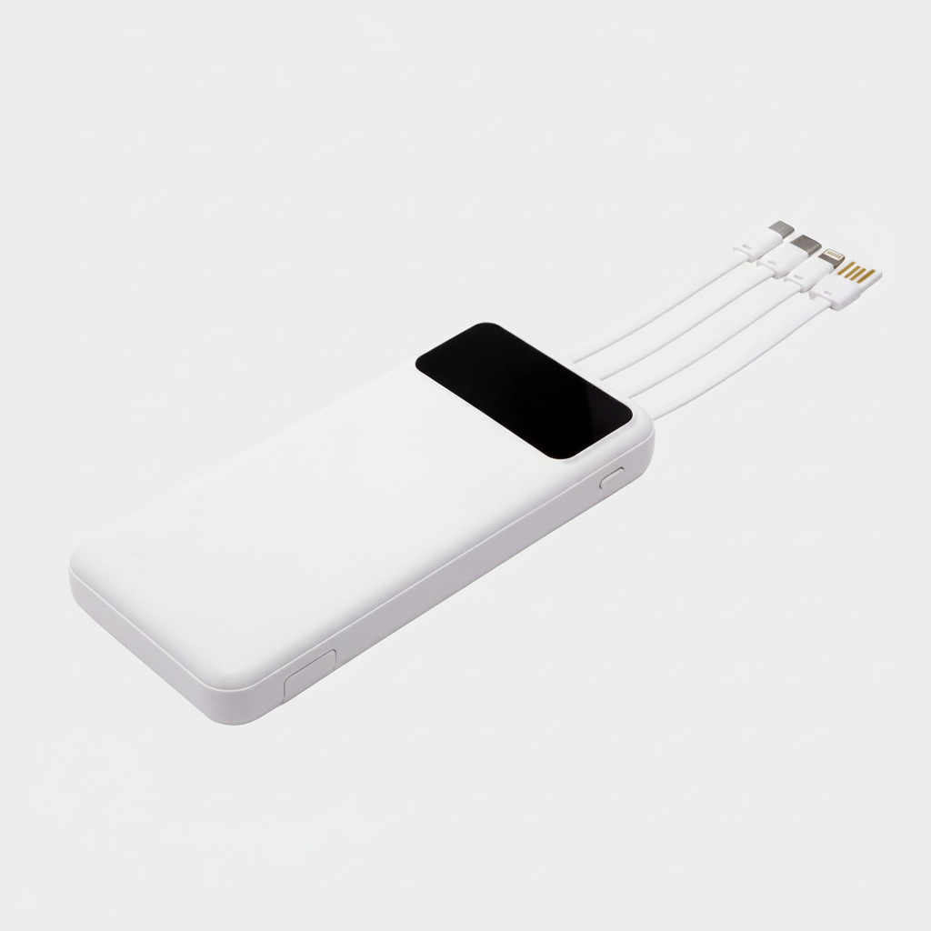 Power bank multipuerto con cables de carga incorporados USB, Micro USB, USB-C y Lightning. Permite cargar hasta 5 dispositivos simultáneamente. Incluye soporte para celular, display digital LED y personalización con logo grabado o impreso.