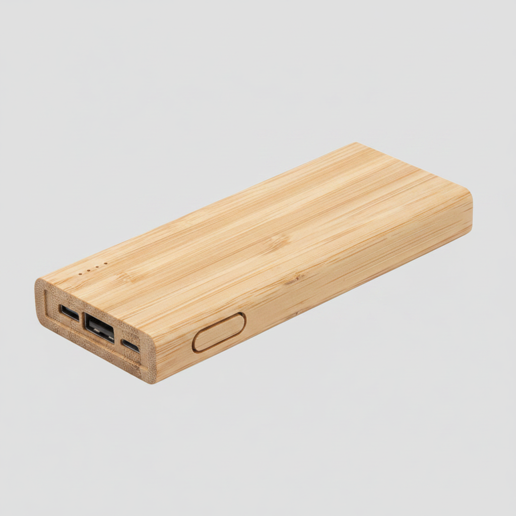 Power bank con cubierta de bambú, USB tipo C, 4 LEDs indicadores y múltiples protecciones. Logo impreso o grabado. Mínimo 30 unidades.