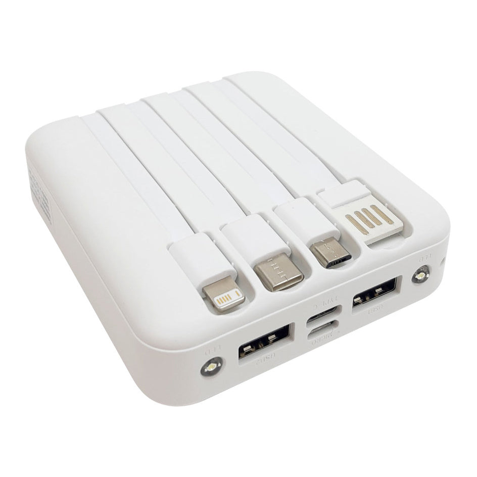 Powerbank con pantalla digital, 4 cables integrados, carga rápida 2A y linterna LED. Carga hasta 5 dispositivos. Con logo o impresión