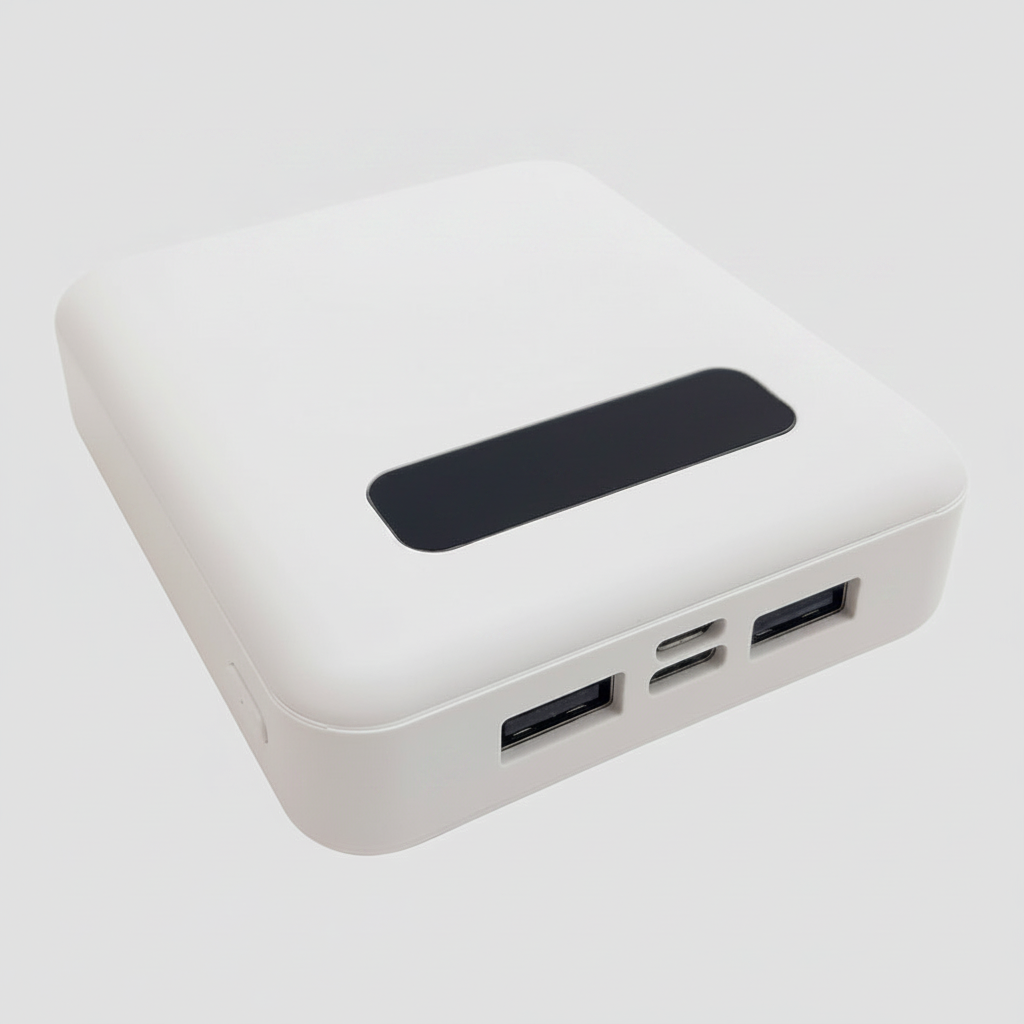 Powerbank con pantalla digital, 4 cables integrados, carga rápida 2A y linterna LED. Carga hasta 5 dispositivos. Con logo o impresión