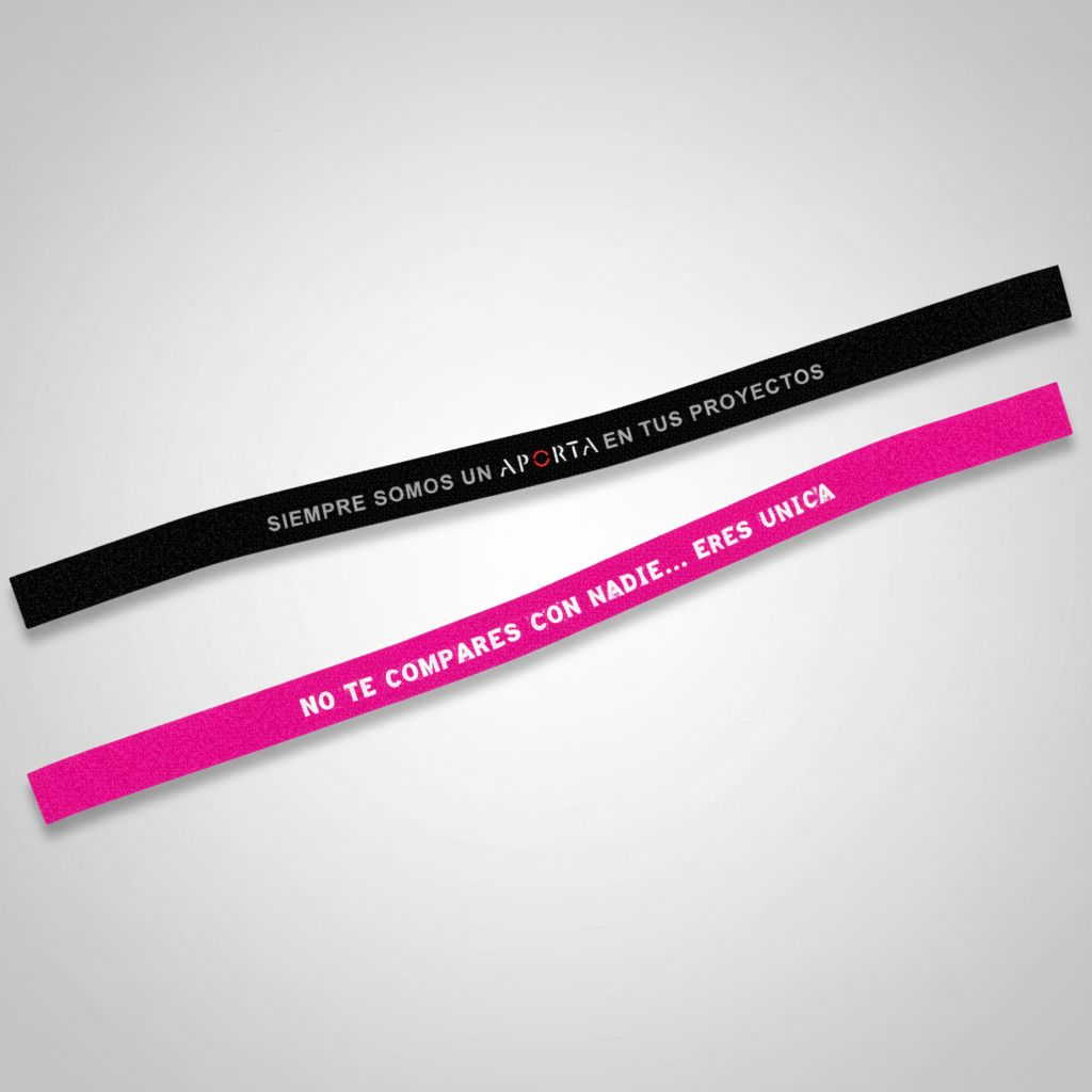 Pulsera de género 100% poliéster tejida en alta definición, con orillas fundidas y variedad de colores. Personalizable con logo corporativo para eventos y campañas.
