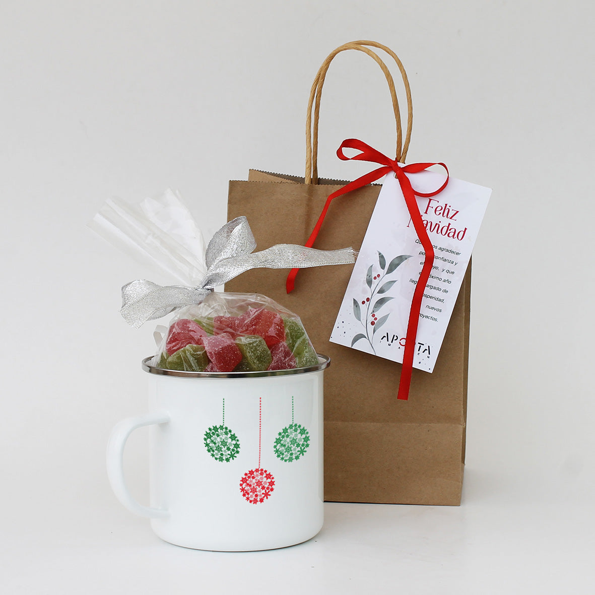 Regalo corporativo “Instante Navideño” con tazón grande de acero enlozado y bolsa de gomitas dulces. Un detalle que transmite cercanía, dulzura y espíritu navideño.