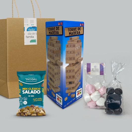 ¡Diversión que se construye! Sorprende con nuestro Kit de Torre de Madera (54 piezas), trufas artesanales y marshmallows. Presentación en bolsa de papel, sticker de cierre con mensaje de saludo y logo. El regalo corporativo ideal para compartir momentos únicos. Cotiza con nosotros!