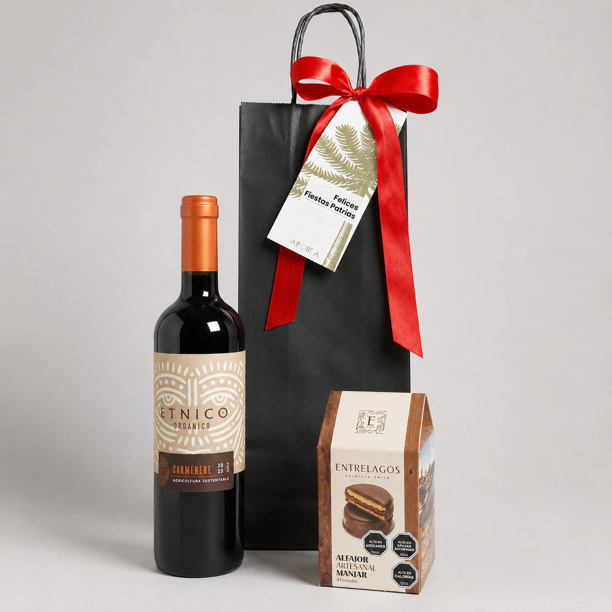 Celebra Fiestas Patrias con un regalo corporativo de Aporta Imagen: vino orgánico Étnico y alfajores Entrelagos. Sorprende a tu equipo y cotiza para tu empresa.