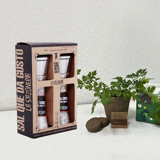 2 molinillos de vidrio La Sazonería y eco kit de siembra con macetero, semillas y tierra mágica. El regalo original y sustentable para el Día del Padre.