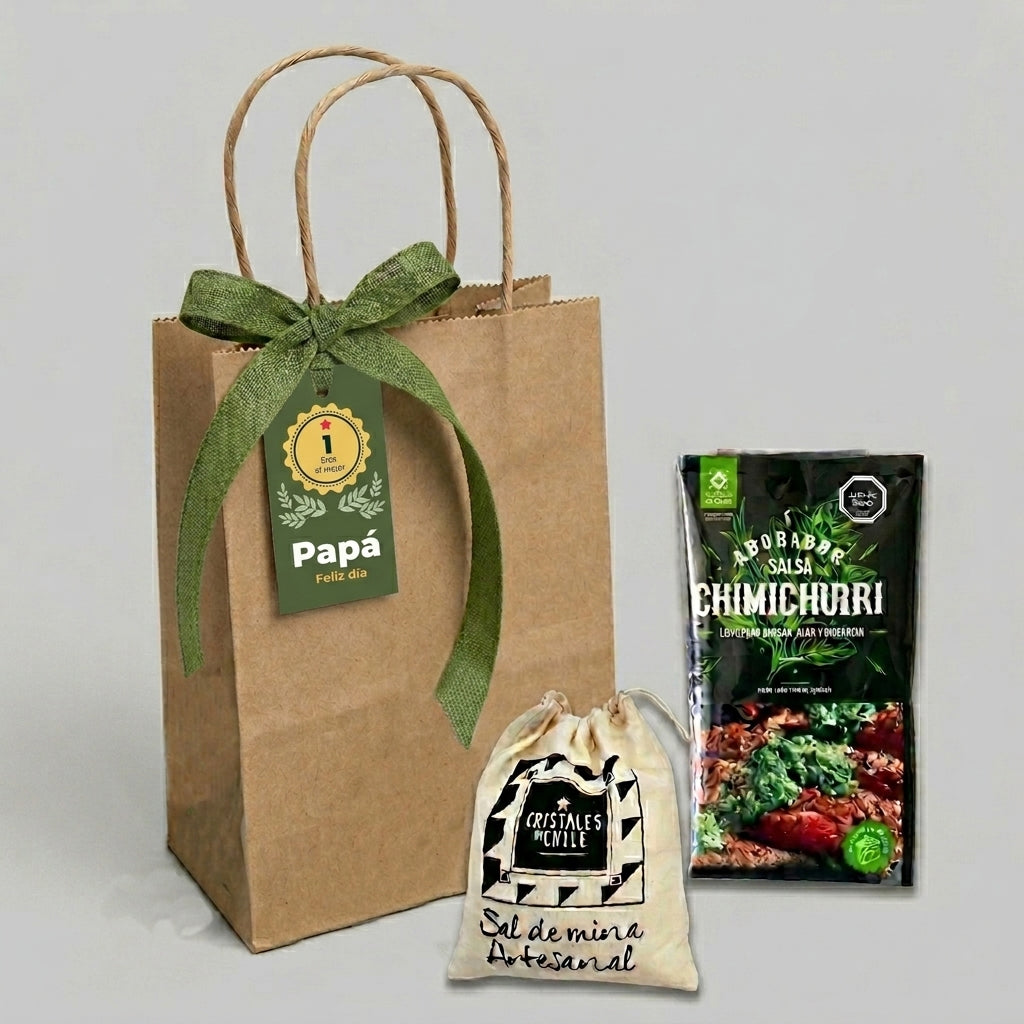 Sorprende a tus colaboradores con un obsequio gourmet único. Kit de sal chilena y condimento chimichurri de Cristales de Chile. Regalos presentado en bolsa de papel kraft con cinta de regalo y tarjeta de saludo mas logo corporativo.