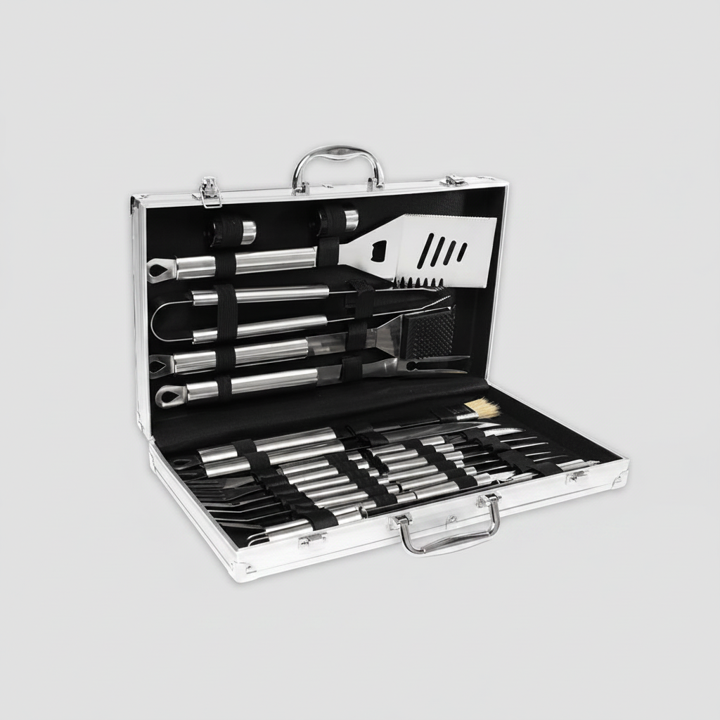 Set de asado premium con 24 herramientas de acero inoxidable en elegante caja metálica. Incluye presentación corporativa y opción de logo grabado.