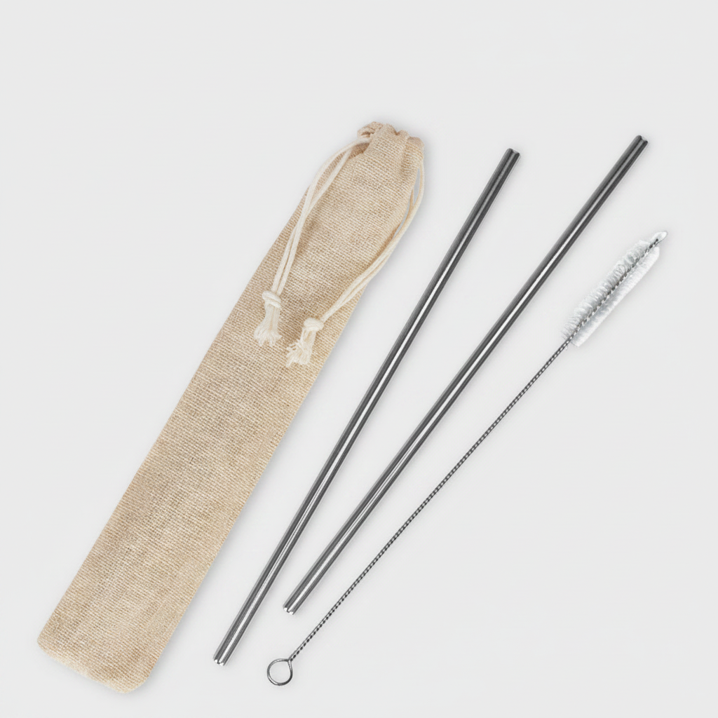 Set ecológico de 2 bombillas de acero inoxidable con cepillo limpiador en bolsa de lino. Ideal para merchandising sustentable.