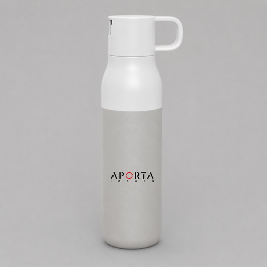 Set de botella térmica de 500 ml con doble pared de acero inoxidable y dos tapas intercambiables. Mantiene bebidas calientes hasta 8 horas y frías hasta 12 horas. Ideal como regalo corporativo.