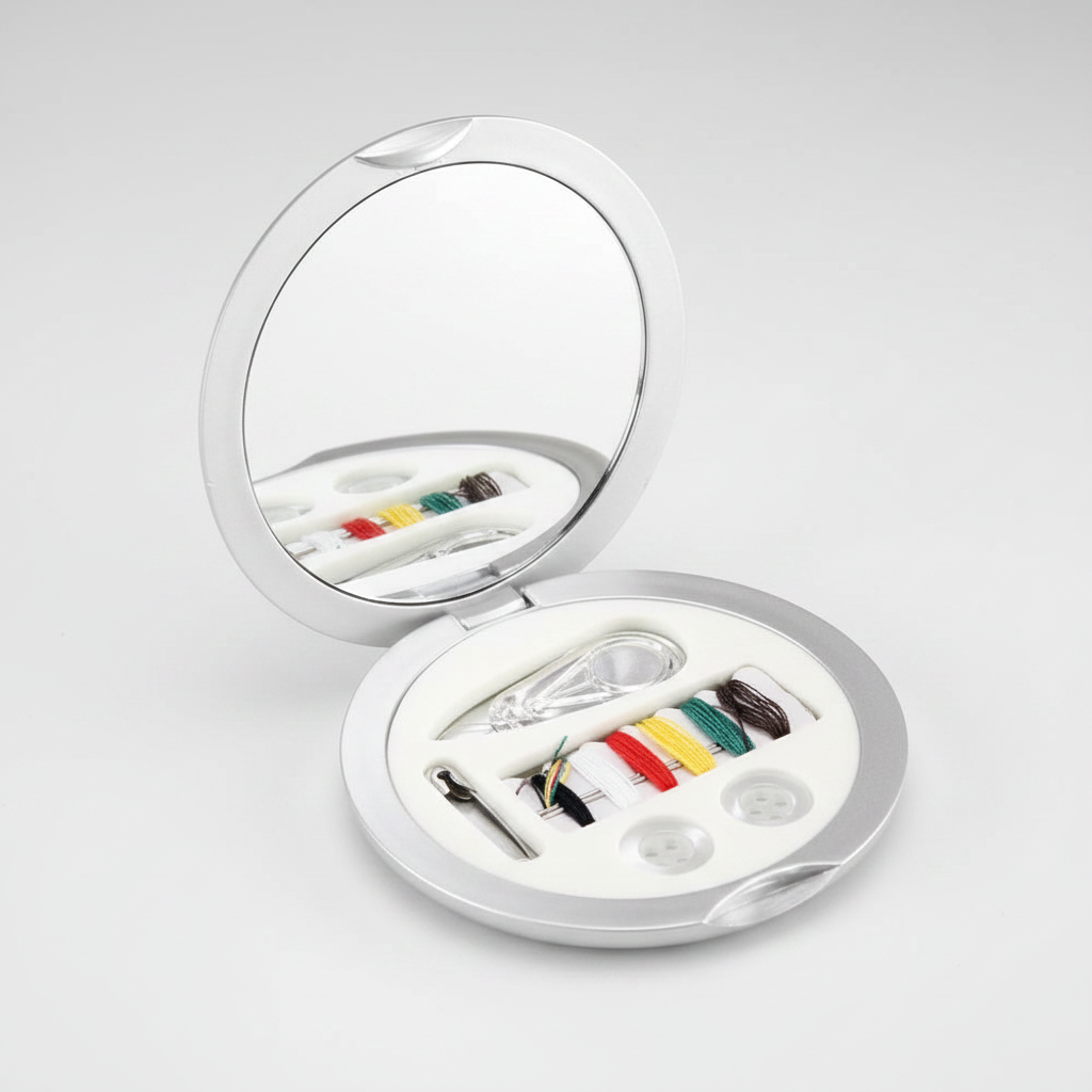 Set de costura redondo color plata con espejo y logo impreso. Diseño compacto y práctico, ideal para regalos corporativos, promociones y merchandising personalizado.