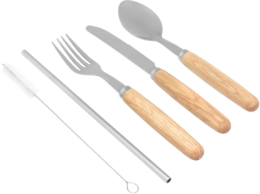 Set de 5 cubiertos de acero y madera en estuche de canvas crudo. Incluye bombilla, cepillo y caja kraft personalizada con sticker o tarjeta. ¡El regalo ideal!
