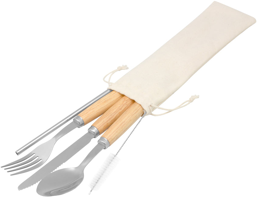 Set de 5 cubiertos de acero y madera en estuche de canvas crudo. Incluye bombilla, cepillo y caja kraft personalizada con sticker o tarjeta. ¡El regalo ideal!
