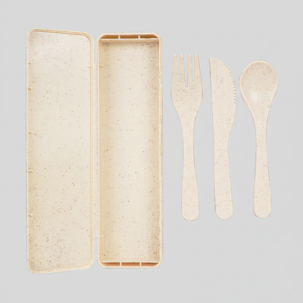 Set de 3 cubiertos en estuche, fabricados con material sustentable que reduce la huella de Carbono en nuestro planeta. Contiene: Tenedor, Cuchillo, Cuchara.