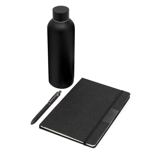 Impresiona con este kit de regalo premium: botella térmica, libreta y bolígrafo negro mate. Personalízalo con tu logo. Pedido mínimo 50 unidades. ¡Cotiza ahora!