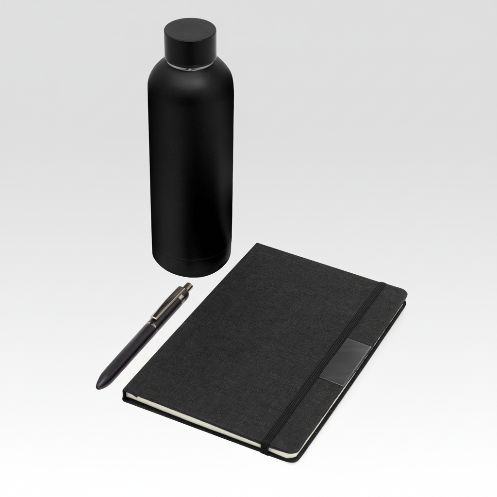 Impresiona con este kit de regalo premium: botella térmica, libreta y bolígrafo negro mate. Personalízalo con tu logo. Pedido mínimo 50 unidades. ¡Cotiza ahora!