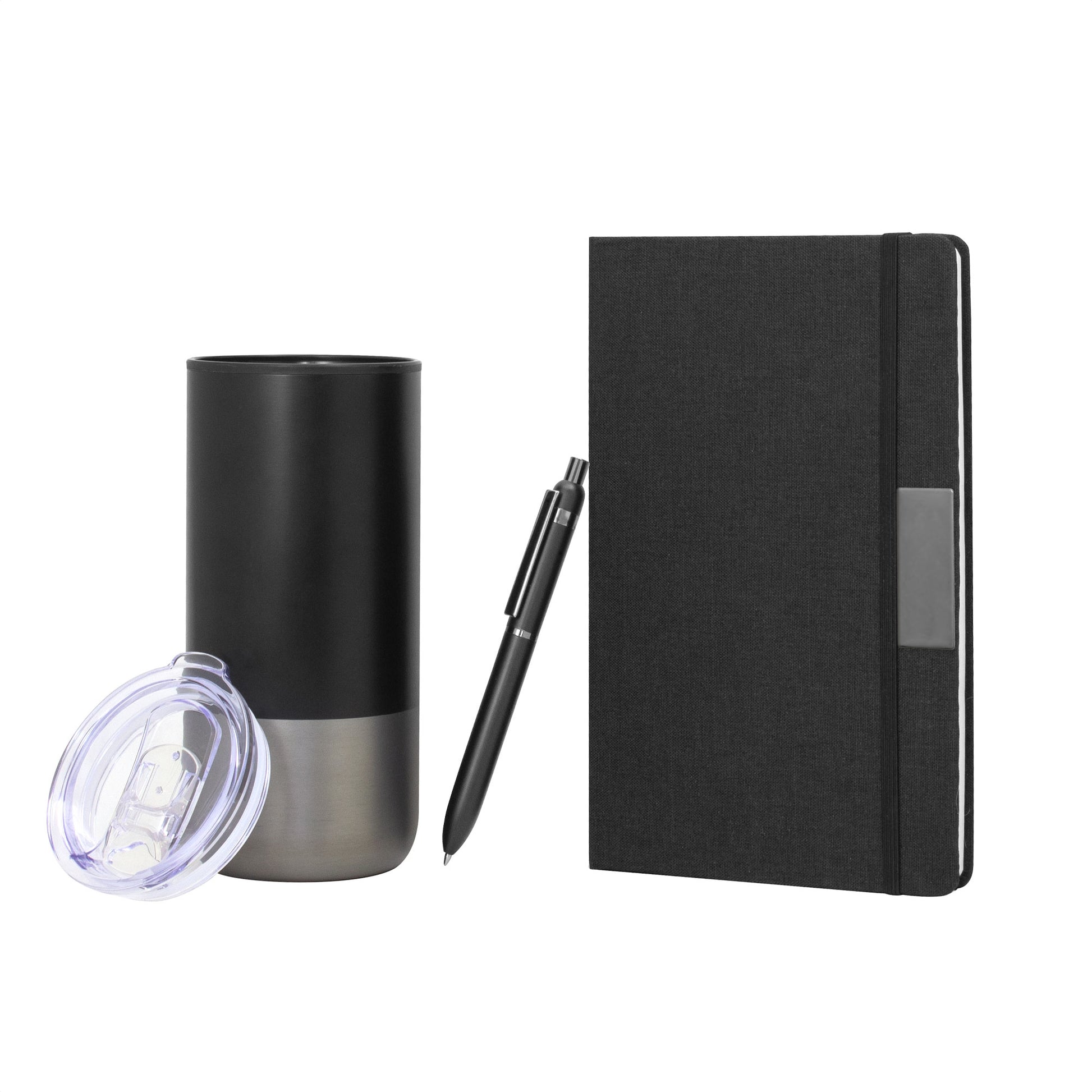 Set ejecutivo premium con libreta, mug térmico y bolígrafo de aluminio. Presentado en caja de regalo negra y personalizable con logo corporativo.